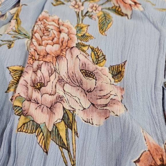 Billabong Floral Bell Sleeve Tie Front Shirts Romper, Blue/Floral, Small - Picture 6 of 15
